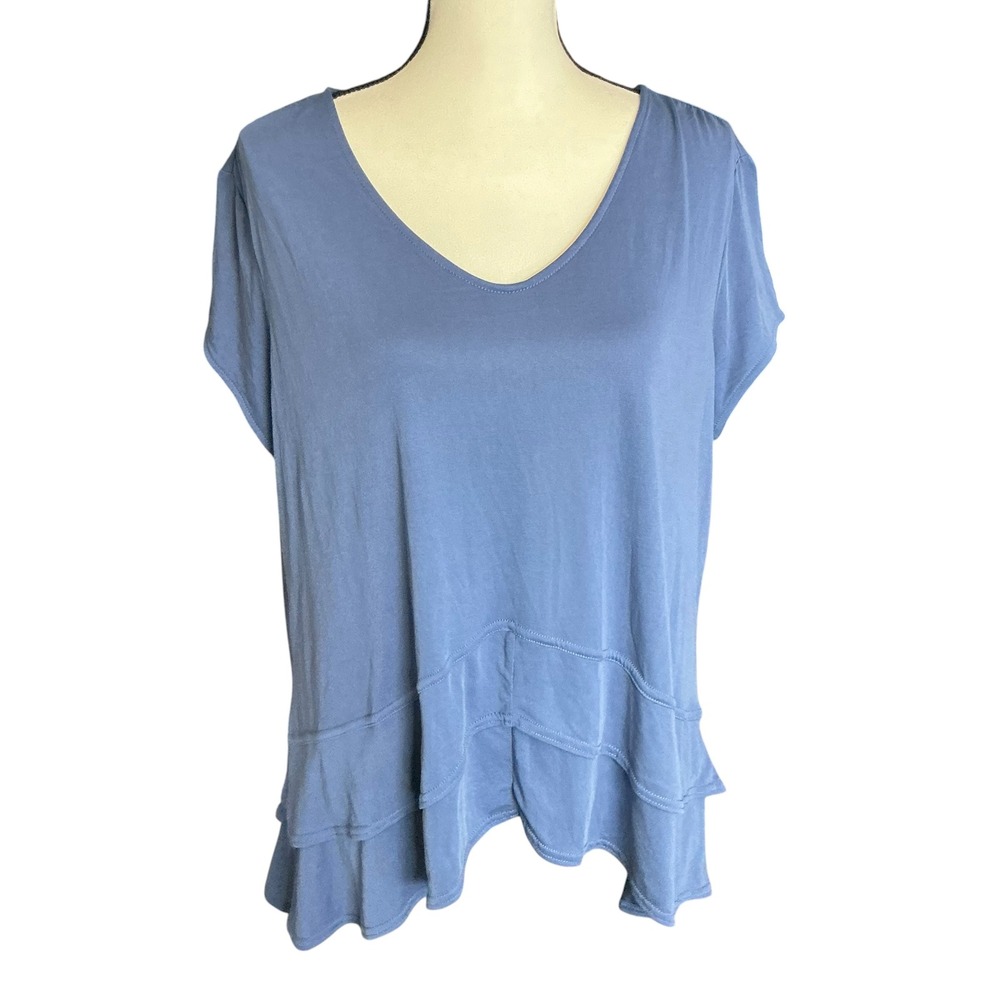 GreenTea Denim Blue Ruffle Hem Top Women Large V-Neck Short Sleeve FW10505BD313